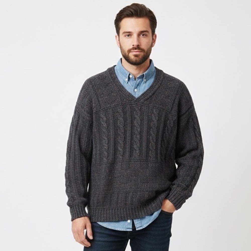 Vintage Heritage Irish Lambswool Silk Sweater Men's L Gray V-Neck Cable Knit 90s